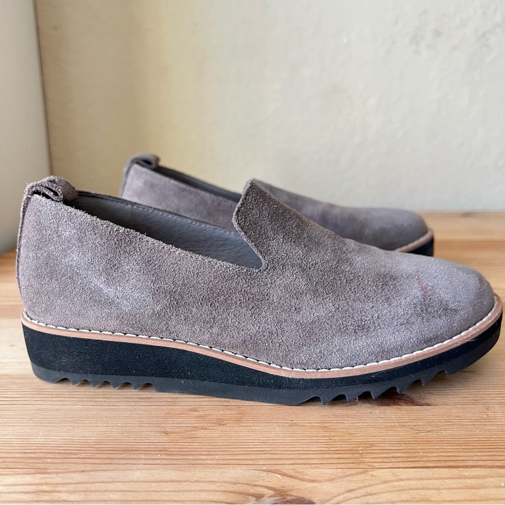 New Eileen Fisher Grey Suede Leather Loafers Cushioned Comfort Wedge Slip On 5.5